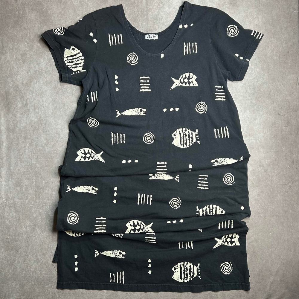 M. Mac Black Fish Print T-Shirt Dress Short Sleeve Scoop Neck Midi Relaxed Fit